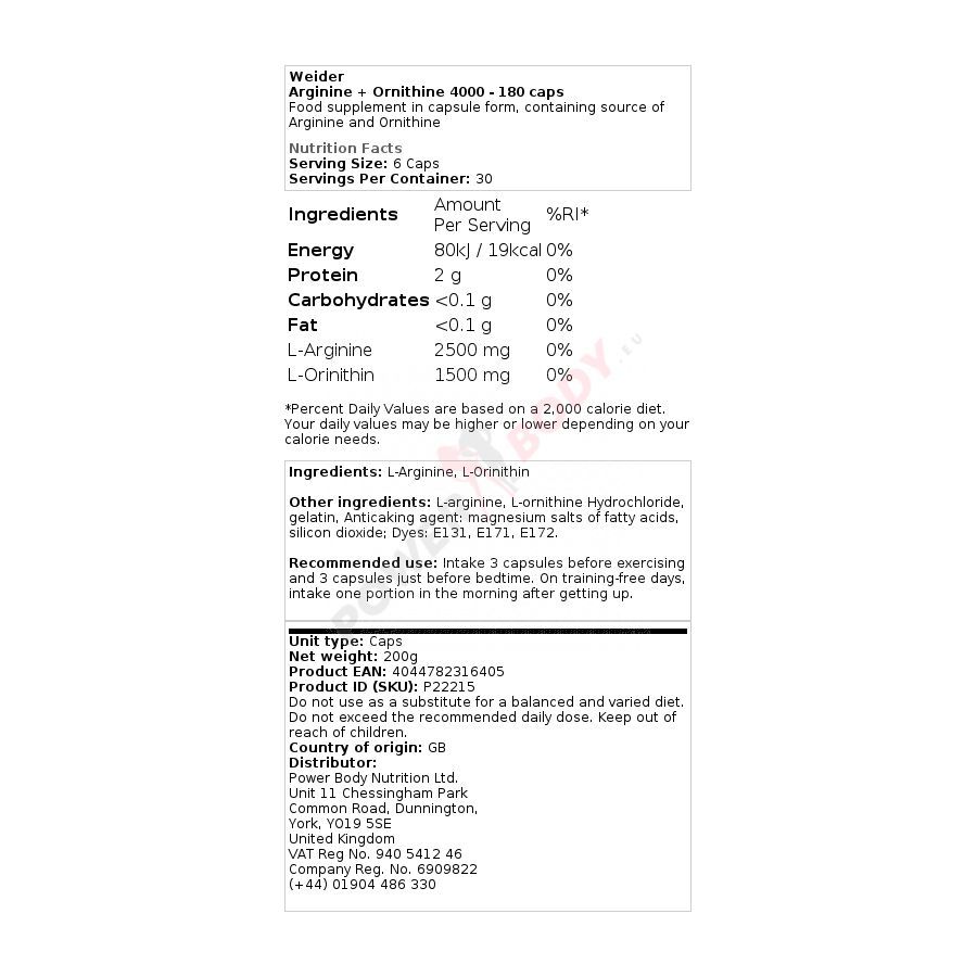 Weider Arginine + Ornithine 4000 180 tabliet